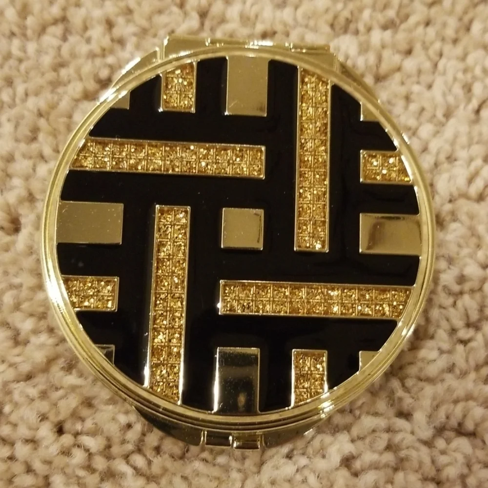 GOLD/BLACK Lipstick Holder/Round Compact Mirror